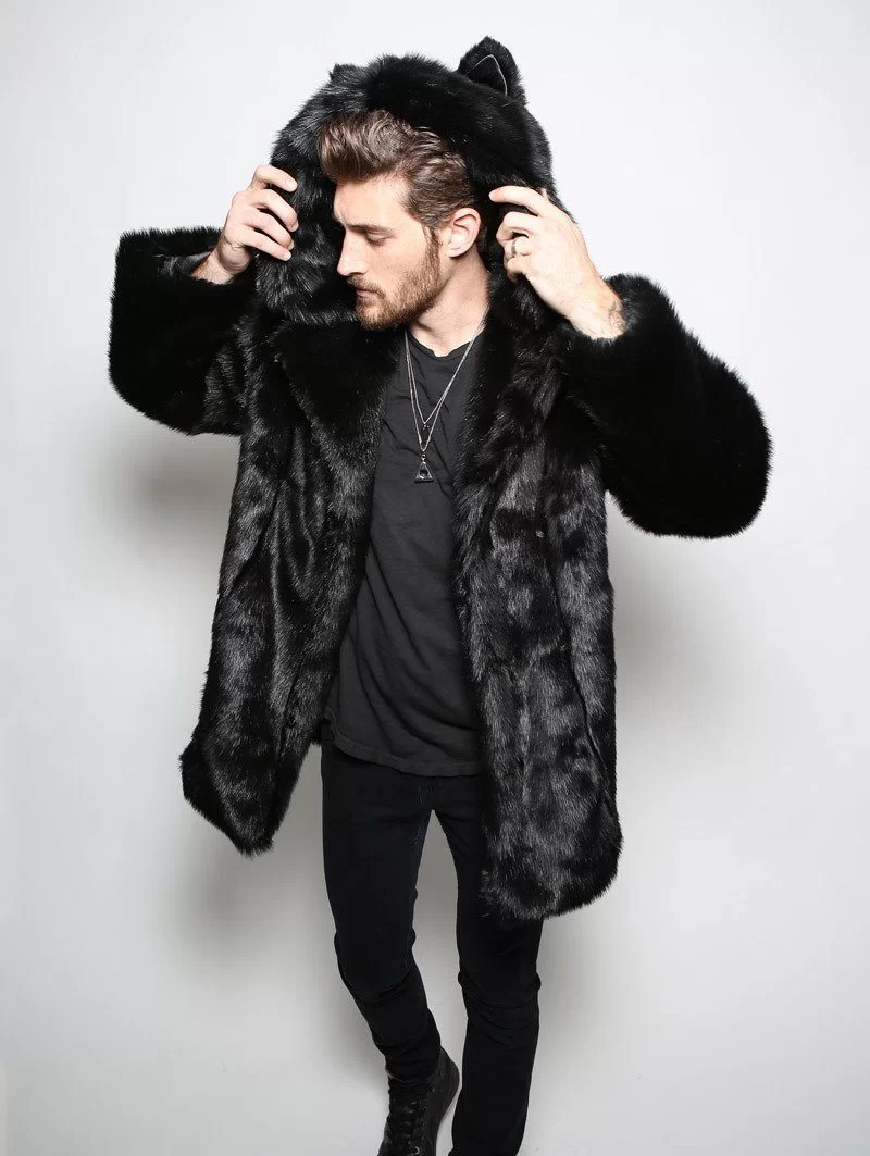 Manteau à capuche à oreilles en fausse fourrure de panthère noire 1 MANTEAU FAUSSE FOURRURE DE PANTHÈRE NOIRE (AVEC OREILLES)