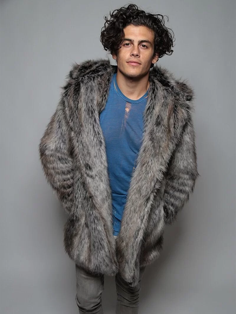 Manteau en fausse fourrure de loup gris, capuche à oreilles 3 Manteau en fausse fourrure de loup gris capuche avec oreille