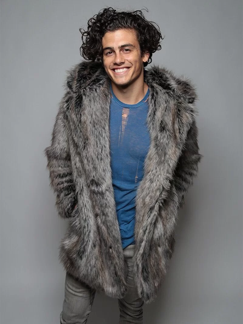 Manteau en fausse fourrure de loup gris, capuche à oreilles 5 Manteau en fausse fourrure de loup gris capuche avec oreille