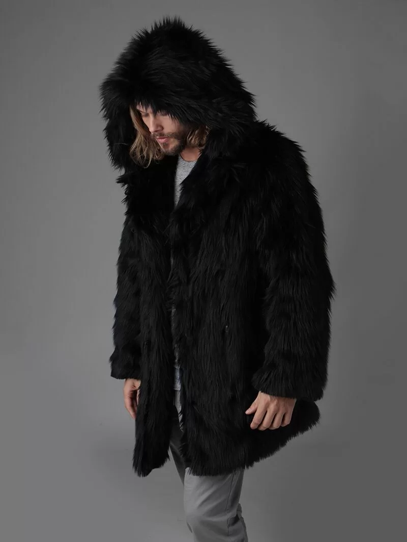 Manteau a capuche en fausse fourrure de loup noir – Image 5