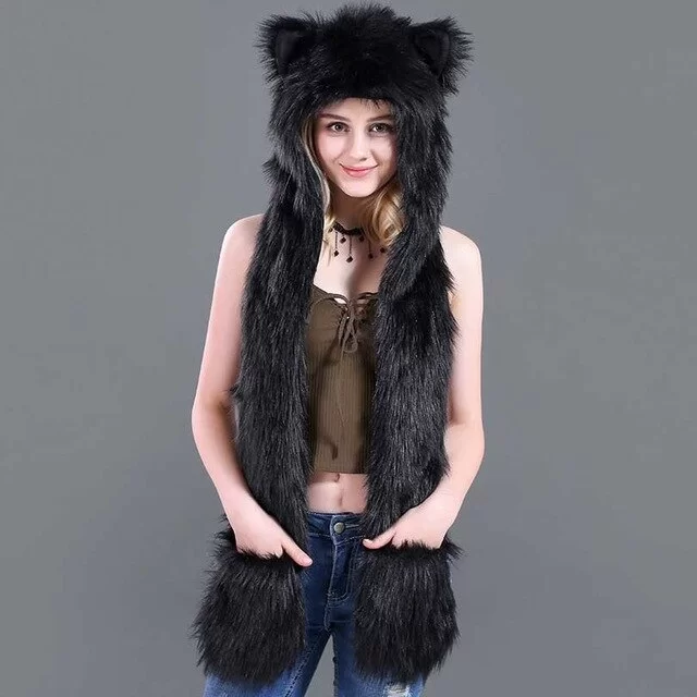 écharpe à capuche en fausse fourrure de loup noir