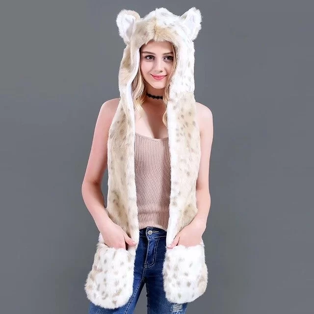 écharpe à capuche en fausse fourrure de léopard des neiges