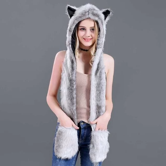 ÉCHARPE À CAPUCHE EN FAUSE FOURURE DE LOUP GRIS 1 écharpe à capuche en fausse fourrure de loup gris