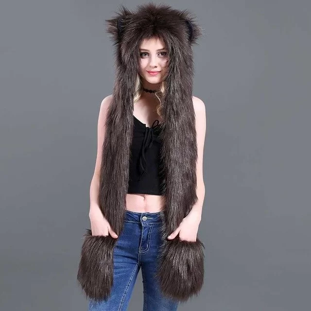 écharpe à capuche en fausse fourrure d'ours brun