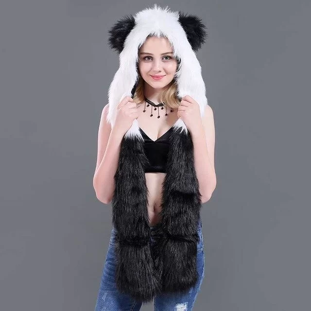 ÉCHARPE À CAPUCHE EN FAUSE FOURURE DE PANDA 1 écharpe à capuche unique en fausse fourrure de panda