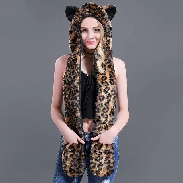 écharpe à capuche en fausse fourrure de jaguar
