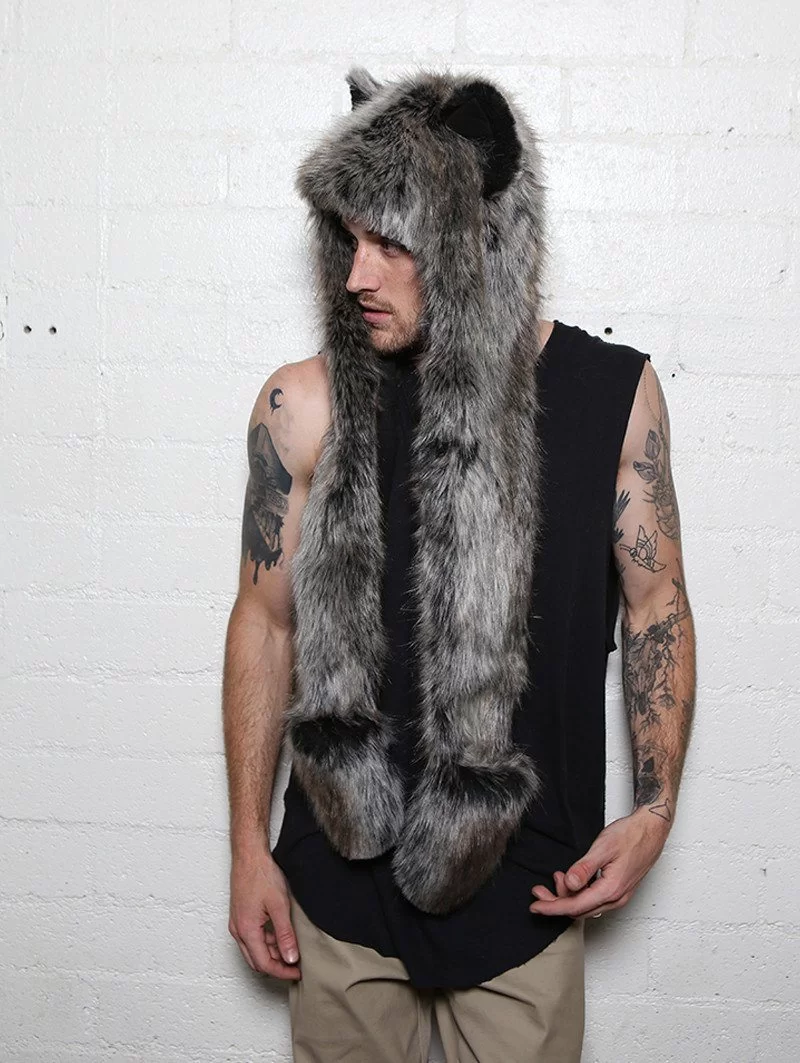 écharpe capuche en fausse fourrure de loup gris