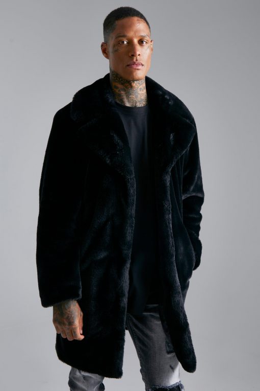 Manteau noir épais homme en fausse fourrure
