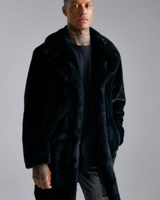 Manteau noir épais homme en fausse fourrure