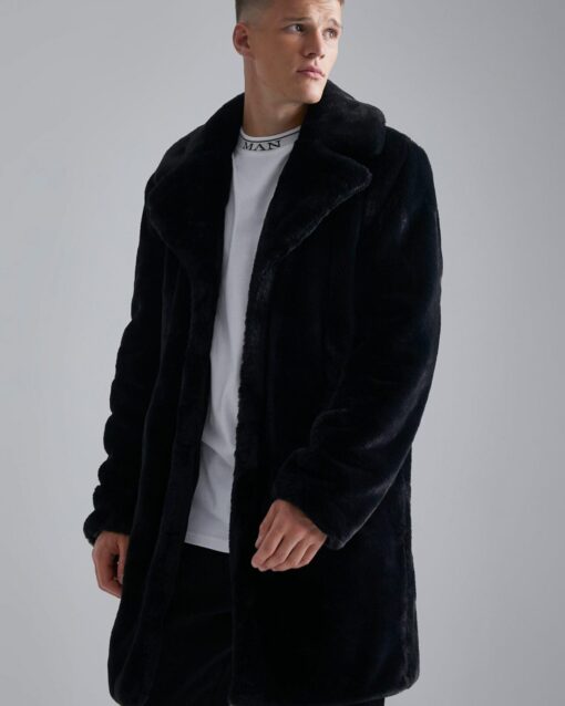 Manteau noir mi long homme en fausse fourrure