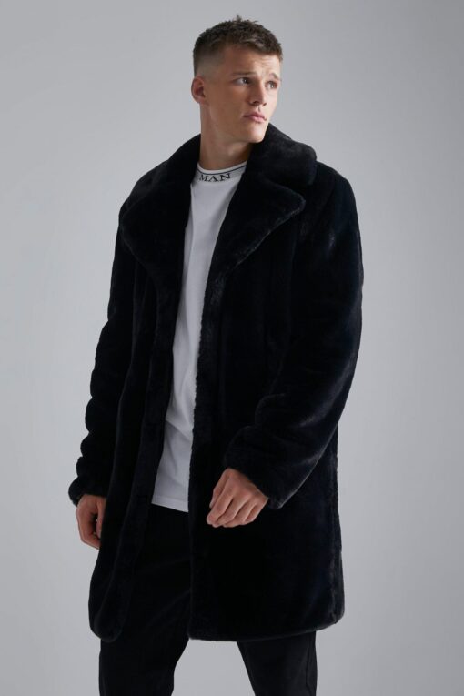 Manteau noir mi long homme en fausse fourrure