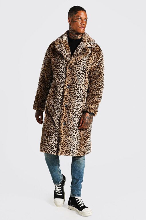 Manteau long en fausse fourrure à imprimé léopard