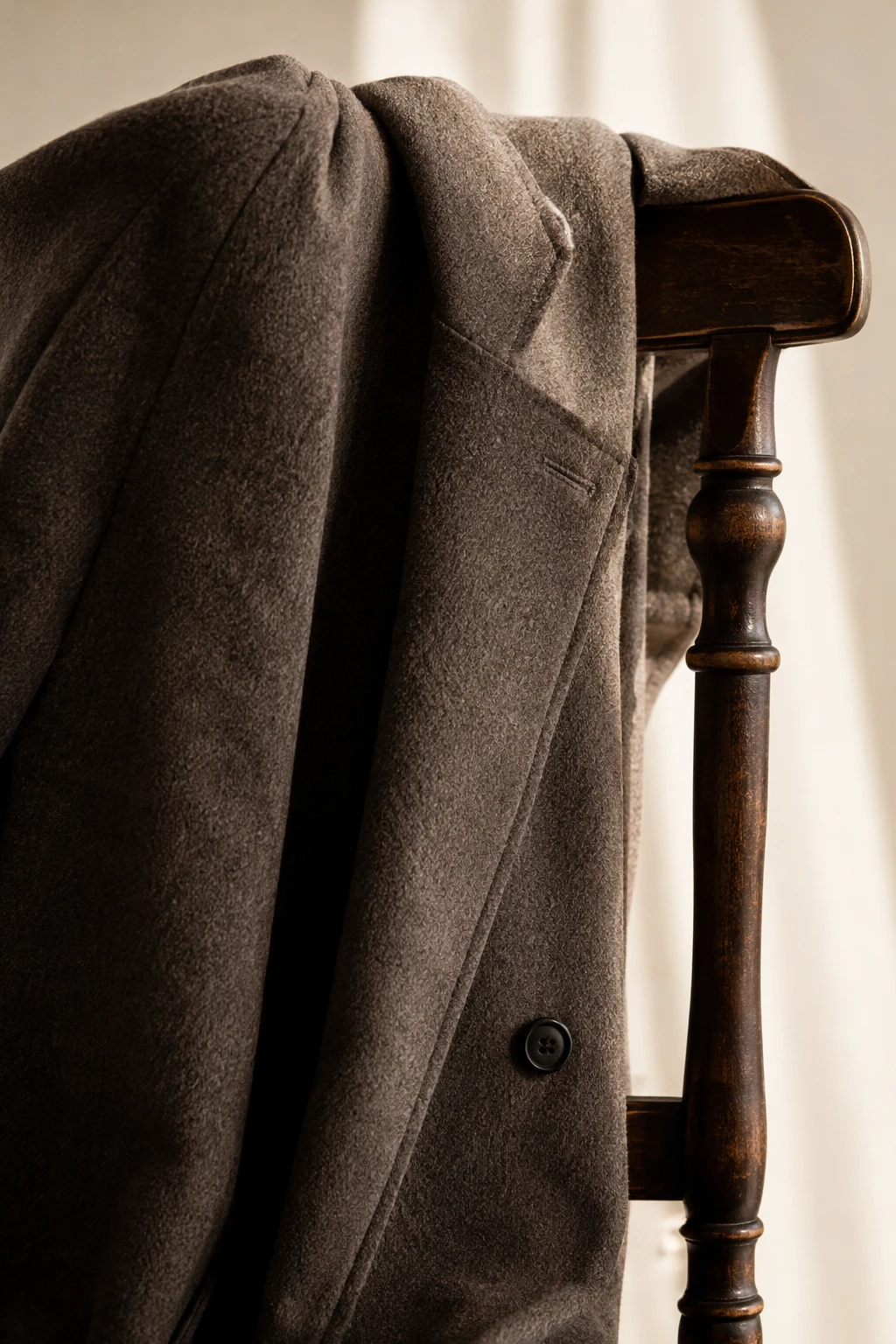 Manteau de laine homme posé sur un fauteuil, gros plan matière