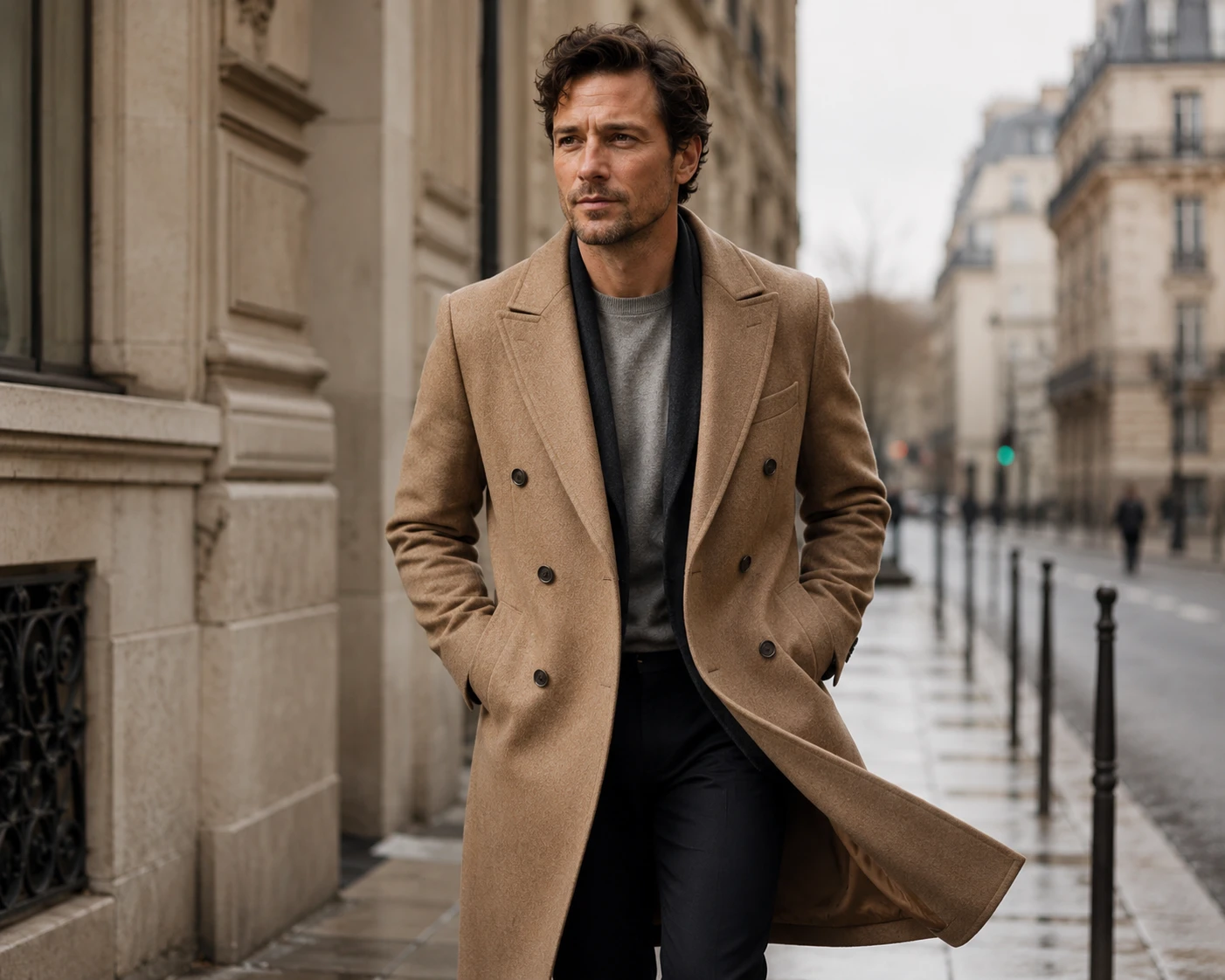 Homme en manteau de laine, allure quiet luxury hiver